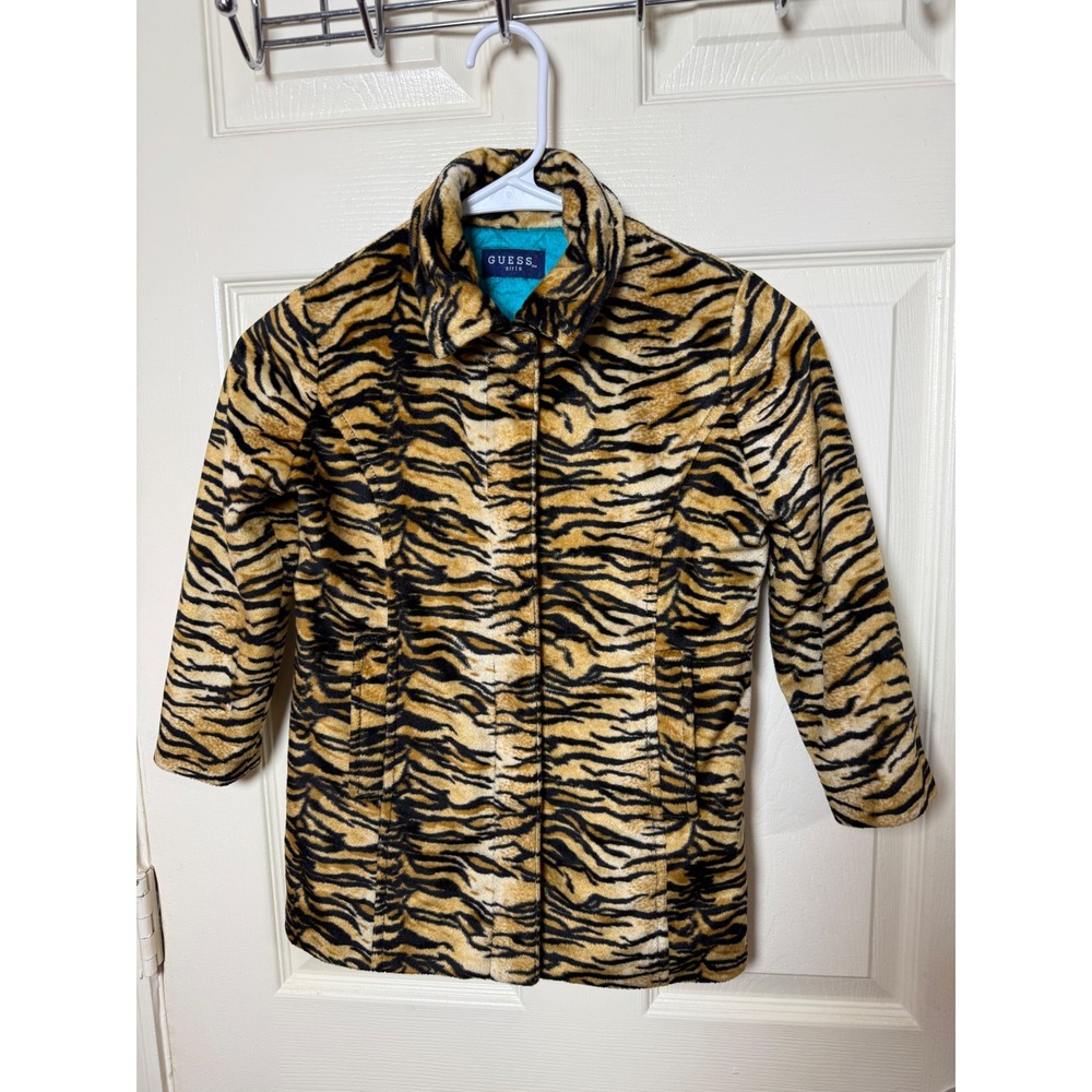 Guess Girls Tiger Print Faux Fur Coat Turquoise Quilted Lining JG31304 Tan Black